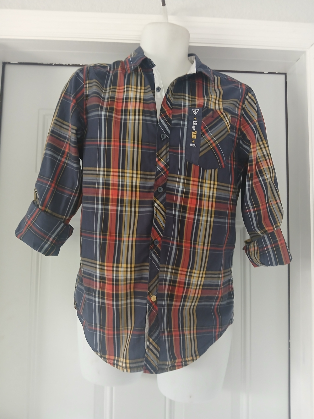 Guess Men's Plaid Button-Down Shirt in Navy, Red & Yellow